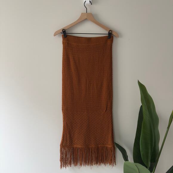 House of Harlow 1960 Revolve Fringe Hem Midi Skirt Elastic waist open knit slit - Picture 2 of 11